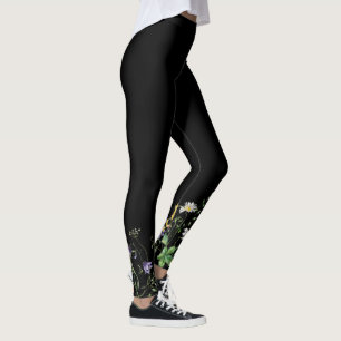 Wildflower Border On Black Leggings