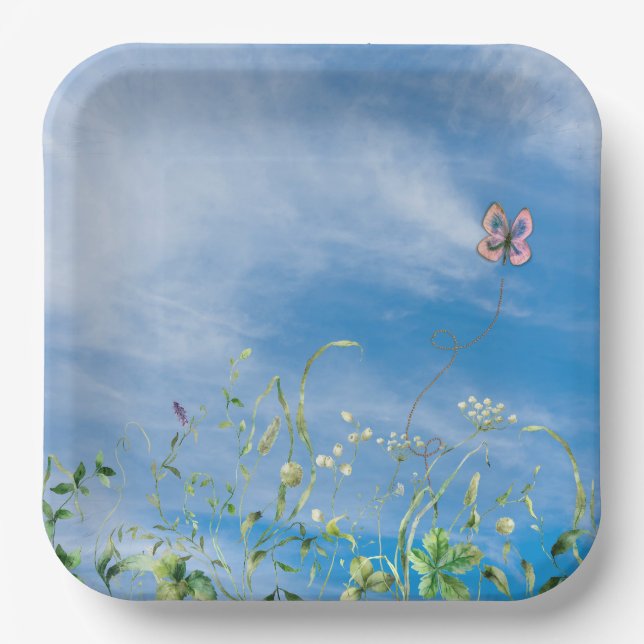 Wildflower Border On Summer Sky Paper Plate (Front)