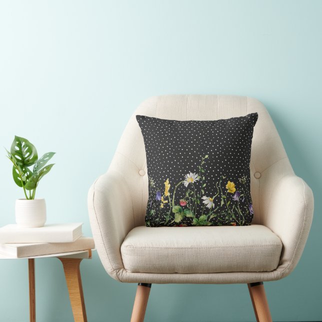 Wildflower Border On Swiss Dots Throw Pillow (Chair)