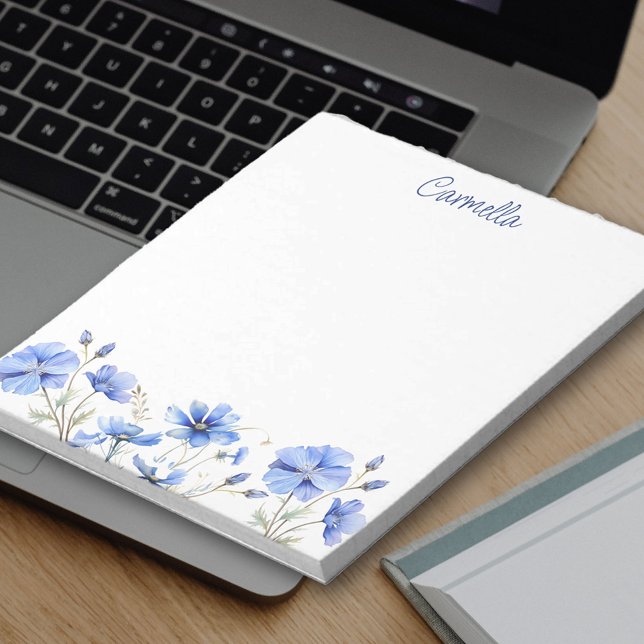 Wildflower Border Pretty Blue Flowers Personalized Notepad (Personalized notepad with border of blue wildflowers)