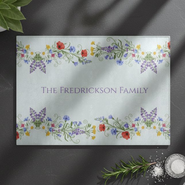 Wildflower Botanical Housewarming Family Name Cutting Board (Wildflower Meadow Monogram Cutting Board)