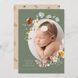 Wildflower Botanical Oval Photo Birth Announcement