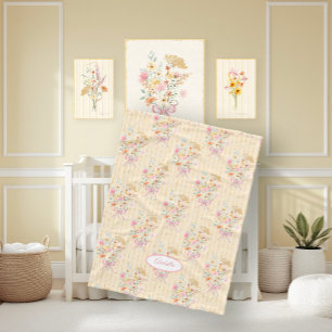 Wildflower Bouquet Floral Ribbon Striped Name Girl Fleece Blanket