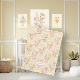 Wildflower Bouquet Floral Ribbon Striped Name Girl Fleece Blanket