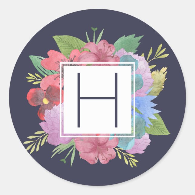 Wildflower Bouquet Navy Monogram Classic Round Sticker (Front)