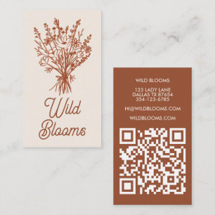 Wildflower Bouquet Rustic Minimal Floral Brown QR  Business Card