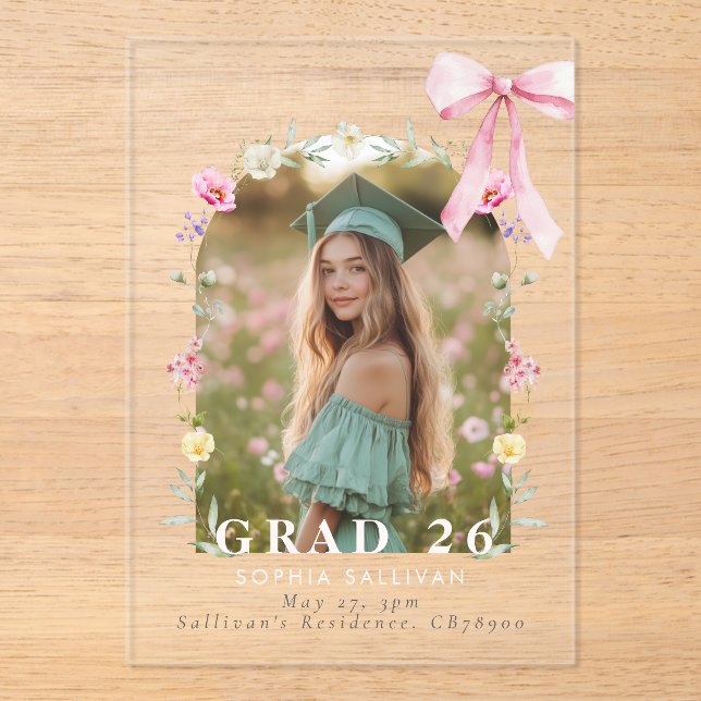 Wildflower Bow Graduation party Photo Collage Acrylic Invitations (Front)