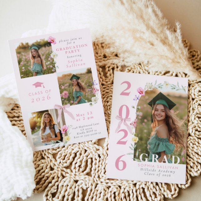 Wildflower Bow Graduation party Photo Collage Invitation (Creator Uploaded)