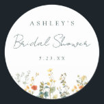 Wildflower Bridal Shower Classic Round Sticker<br><div class="desc">This collection features a border of elegant watercolor wildflowers and greenery in shades of green,  teal,  orange,  and yellow. Perfect for bohemian spring and summer weddings.</div>