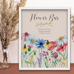 Wildflower Bridal Shower Flower Bar Sign Poster<br><div class="desc">Flower Bar sign for your wildflower bridal shower. This watercolor botanical design has a pretty border of wildflowers including daisy poppy cornflower coneflower buttercup clover and bluebell. An elegant modern floral with bouncy calligraphy. Perfect for rustic country, cottagecore / countrycore or bohemian, floral, natural garden theme etc. Please browse my...</div>