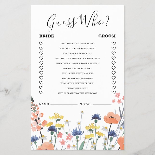 Wildflower bridal shower Guess Who Game Flyer (Front)
