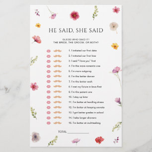 Wildflower Bridal Shower He Said She Said Game