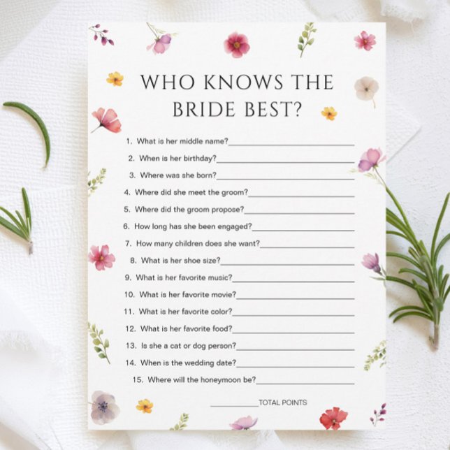 Wildflower Bridal Shower Who Knows Bride Game Card (Creator Uploaded)