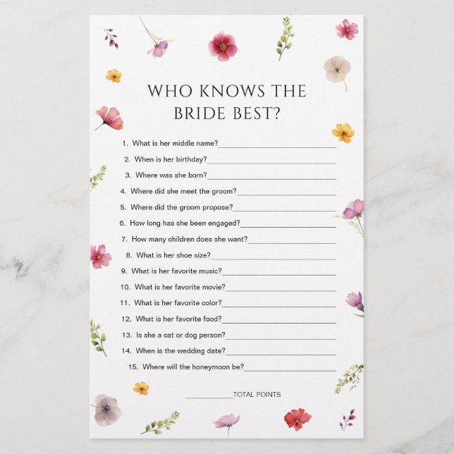 Wildflower Bridal Shower Who Knows The Bride Best (Front)