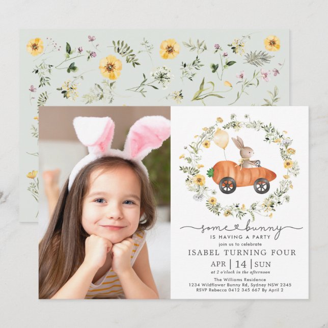 Wildflower Bunny Rabbit Easter Birthday Photo Invitation (Front/Back)