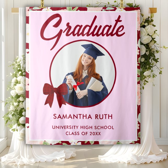 Wildflower Burgundy Gingham Bow Grad Backdrop Tapestry (Creator Uploaded)