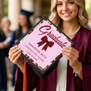 Wildflower Burgundy Gingham Bow Graduation Cap Topper