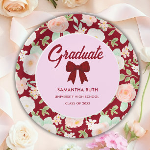 Wildflower Burgundy Gingham Bow Graduation Party Paper Plate