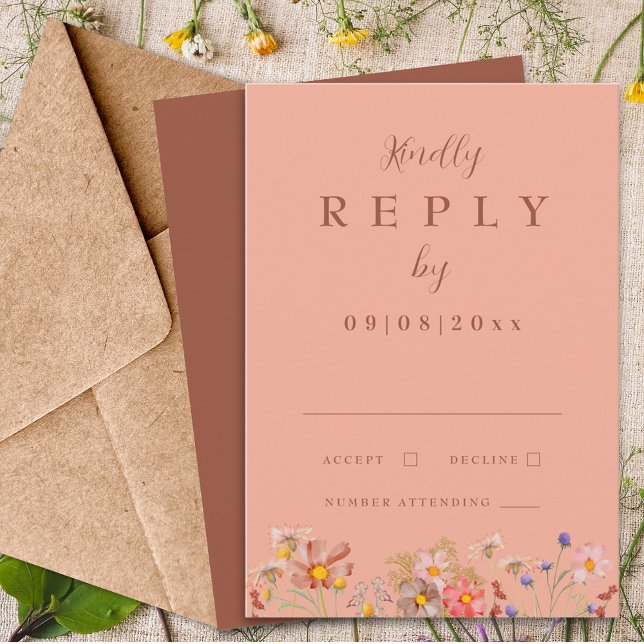 Wildflower Burnt Orange Boho Fall Wedding Reply RSVP Card (Boho wildflower burnt orange and peach fall wedding reply enclosure card with elegant script)