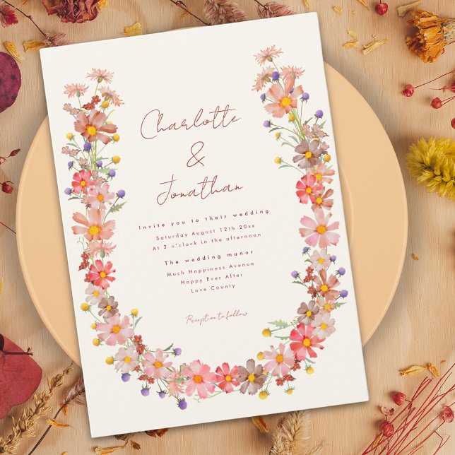 Wildflower burnt orange fall Wedding Invitation (Boho wildflower wreath fall wedding invitation with burnt orange dried flowers)