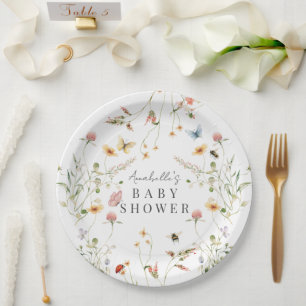 Wildflower Butterfly Bee Watercolor Baby Shower Paper Plate