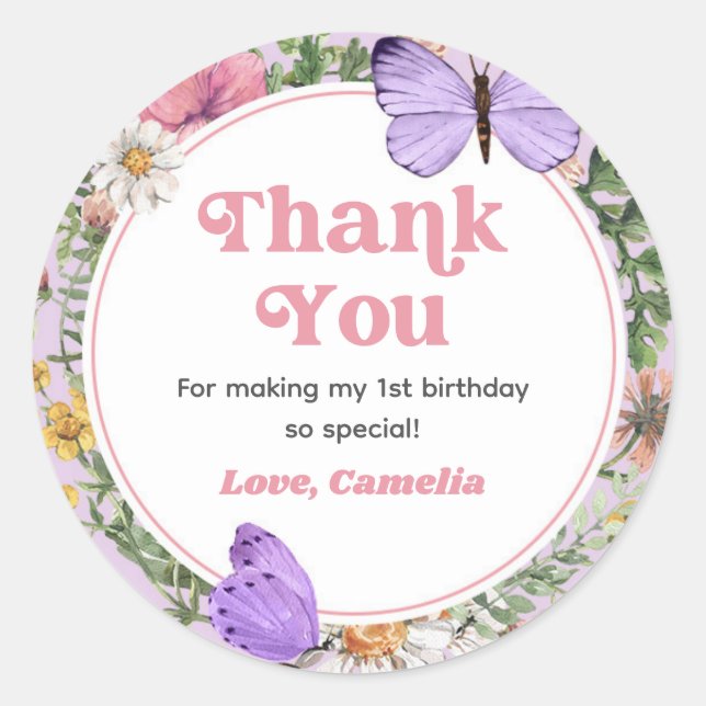 Wildflower Butterfly Birthday Thank You Classic Round Sticker (Front)
