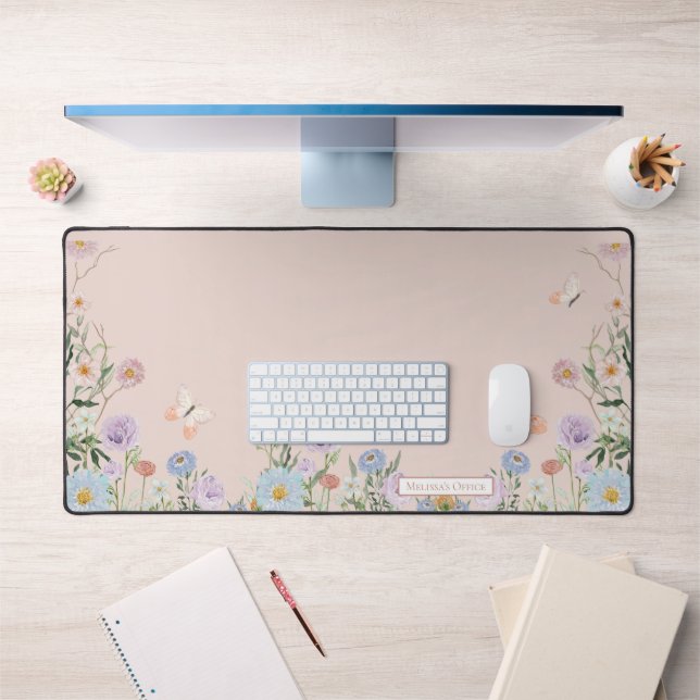 Wildflower Butterfly Blush Pink Floral Watercolor Desk Mat (Office 1)