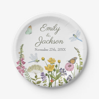 Wildflower Butterfly Dragonfly Watercolor Wedding Paper Plate