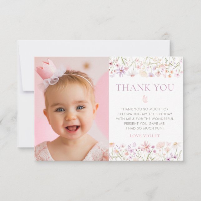Wildflower Butterfly Girls 1st Birthday Photo Thank You Card (Front)