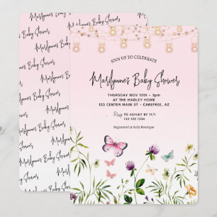 Wildflower Butterfly Pink Script Baby Shower Invitation