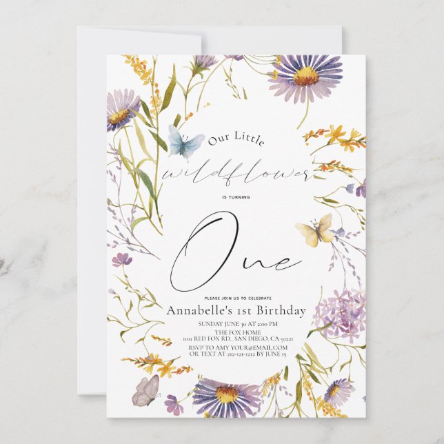 Wildflower Butterfly Purple Girl 1st Birthday Invitation (Front)