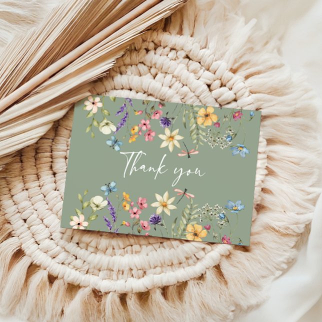 Wildflower  & Butterfly Sage Green Bridal Shower  Thank You Card (Creator Uploaded)