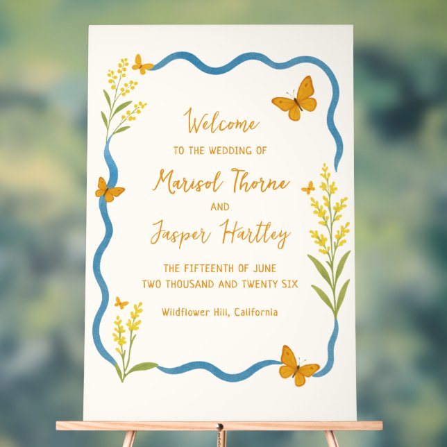 Wildflower Butterfly Wavy Wedding Welcome Sign (Neutral)