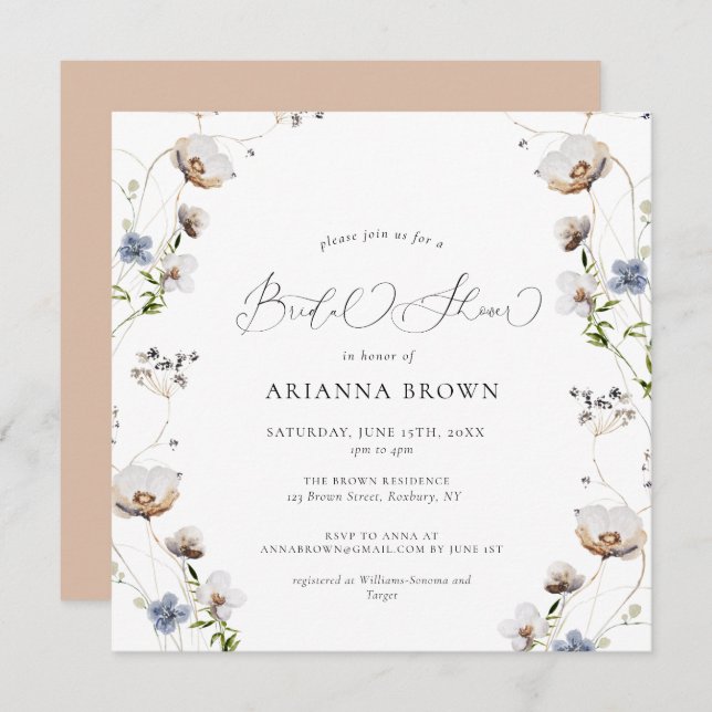 Wildflower Calligraphy Bridal Shower Invitation (Front/Back)
