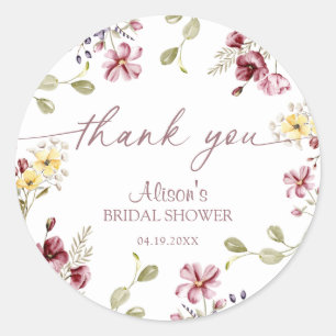 Wildflower Calligraphy Mauve Bridal Shower Classic Round Sticker