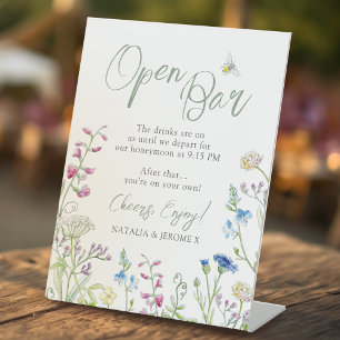 Wildflower colorful watercolor open bar wedding  pedestal sign