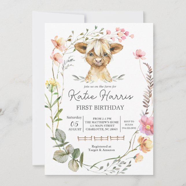 Wildflower Cow Birthday Invitation (Front)