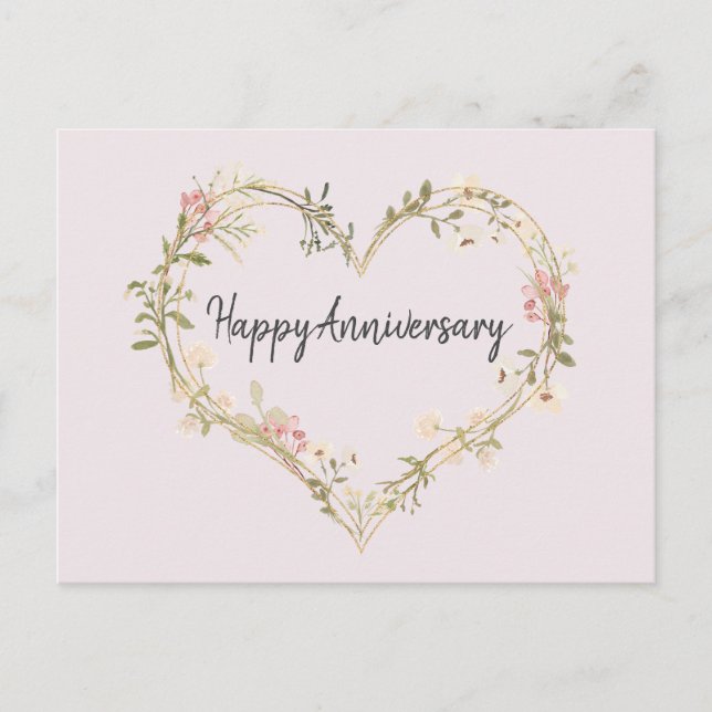 Wildflower Cream Pink Heart Happy Anniversary Postcard (Front)