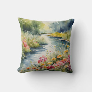 Wildflower Creek Mountains Waterscape Watercolor  Throw Pillow