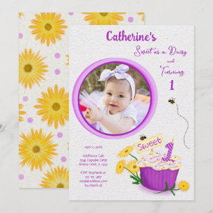 Wildflower Daisy Girl Yellow Purple First Birthday Invitation