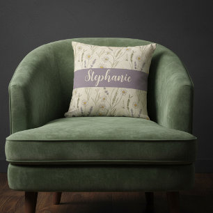 Wildflower Daisy Lavender Cottagecore Monogram Throw Pillow