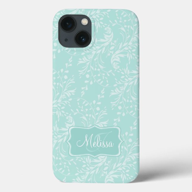 Wildflower damask patterned teal name ipad case (Back)