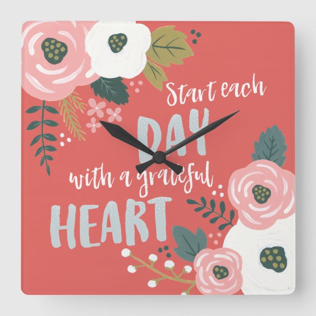 Wildflower Daydreams - Grateful Heart Typography Square Wall Clock (Front)