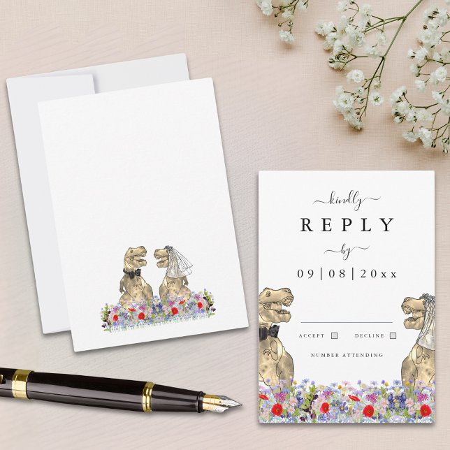 Wildflower Dinosaur Wedding Reply RSVP Card (Boho wildflower dinosaur wedding invitation rsvp enclosure card with T-Rex bride and groom )