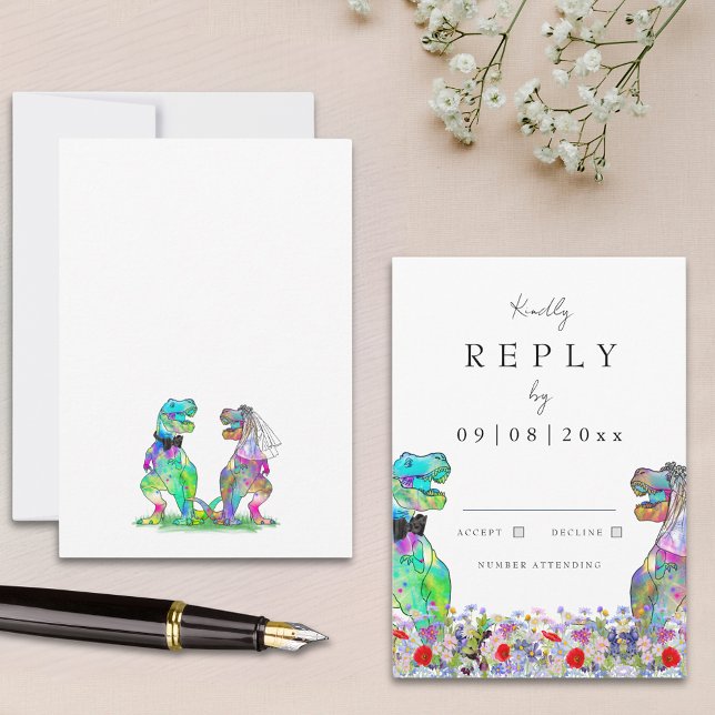 Wildflower Dinosaur Wedding Reply RSVP Card (Wildflower dinosaur bride and groom wedding rsvp enclosure card)