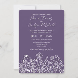 Wildflower Doodle Casual Purple Minimalist Wedding Invitation