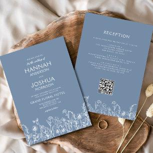 Wildflower Dusty Blue Botanical QR Code Wedding Invitation