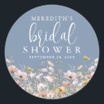 Wildflower Dusty Blue Bridal Shower Classic Round Sticker<br><div class="desc">Name’s Bridal Shower Round Sticker. Perfect for spring through autumn celebrations, this design features a dusty blue or periwinkle blue background for a soft, romantic, and timeless look, ideal for envelope seals or thank-you favour gifts. Along the bottom edge, a row of colourful pastel watercolor wildflowers adds a fresh, floral...</div>