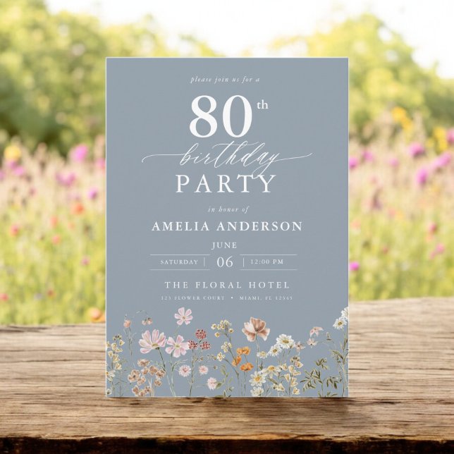 Wildflower Dusty Blue Garden Floral 80th Birthday Invitation (Creator Uploaded)
