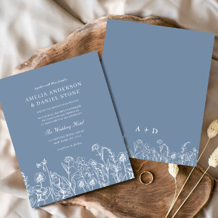 Wildflower Dusty Blue Monogram Wedding Invitation